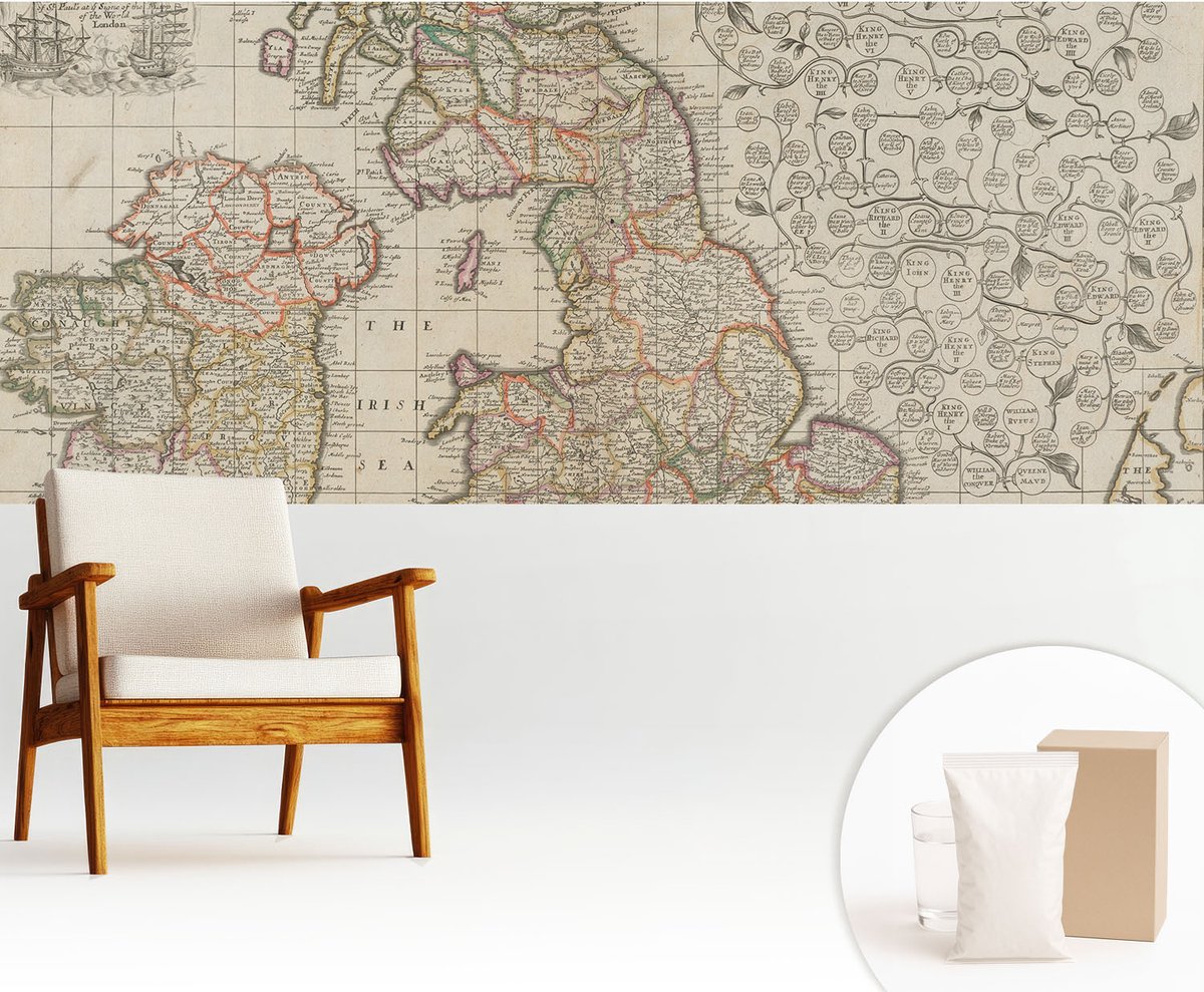 Wallfluent Fotobehang - Beige Vliesbehang - 250x104 cm - Antieke Kaart Fotobehang Vlies - Woonkamer behang Kaarten - Muurschildering - Woonkamer behang