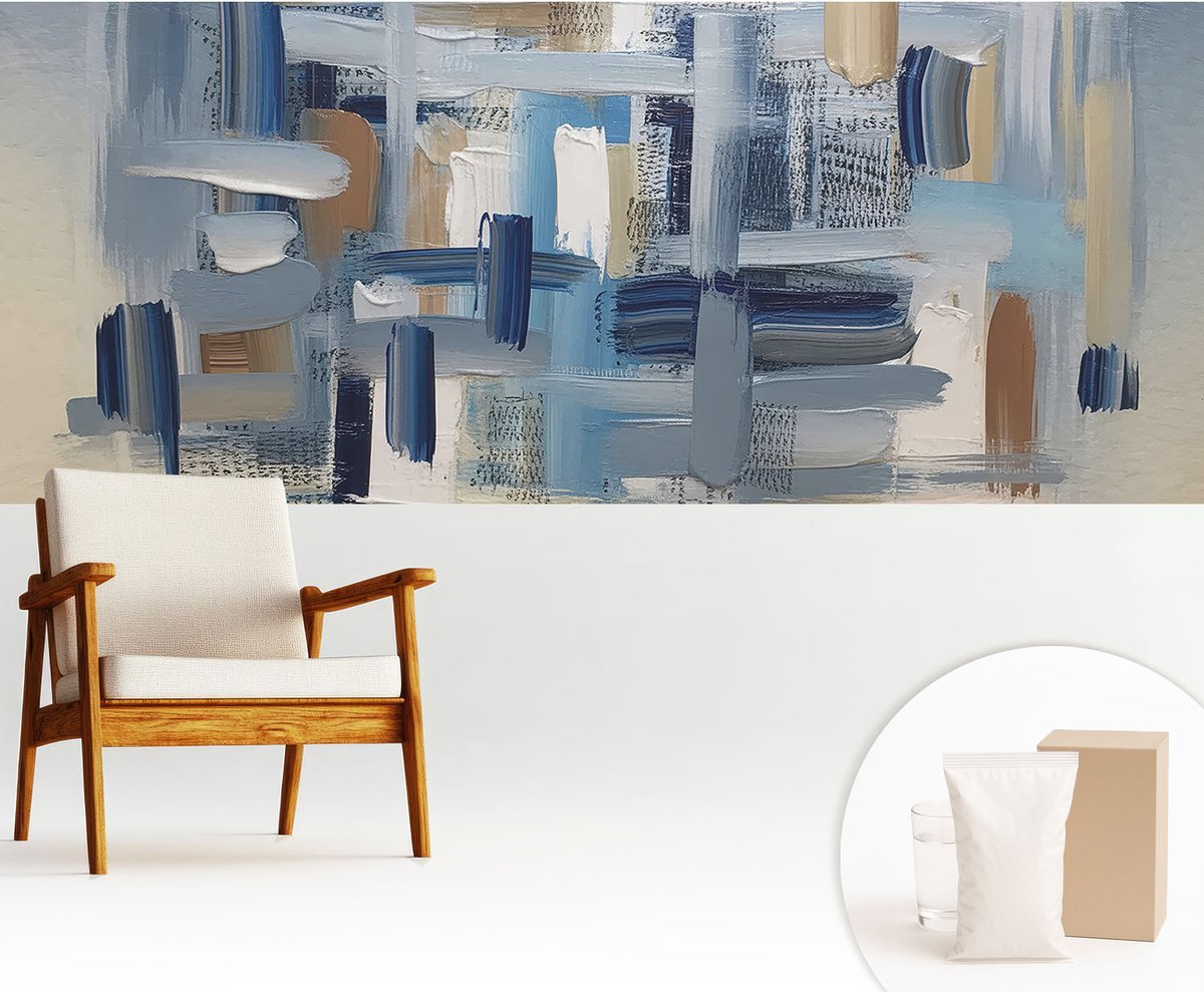Wallfluent Fotobehang - Blauw Vliesbehang - 250x104 cm - Abstracte Penselen Muurschildering - Slaapkamer behang Abstractie - Fotobehang Vlies - Slaapkamer behang