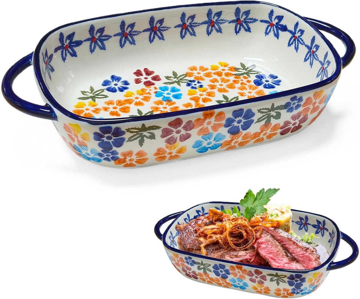 Ovenschotel voor lasagne, rechthoekig, van keramiek met handgrepen, rechthoekig/rond, voor lasagne (rechthoekig, 23,5 x 13 x 5 cm) (veelkleurige bloemen)