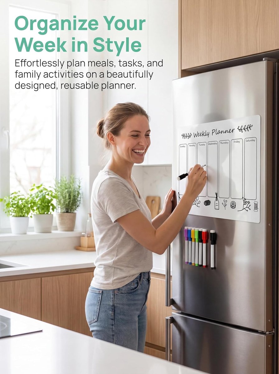 Whiteboard, weekplanner, afwasbaar, met 6 magnetische markers, uurplanner, zelfklevend, voor koelkast, perfect als familieplanner, maaltijdplanner, schoonmaakplanner of to-do-lijst, 40 x 30 — cadeau in Kalenders & Planners - foto 4