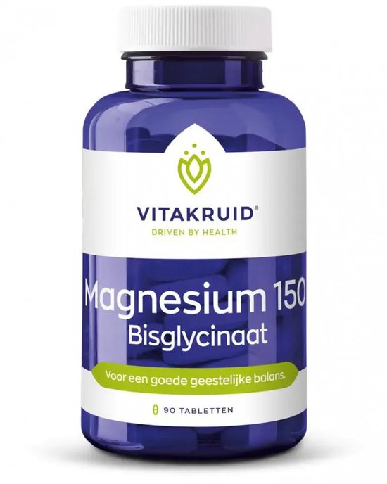 Vitakruid Magnesium 150 Bisglycinaat, 90 tabletten. Blauwe pot met wit label.