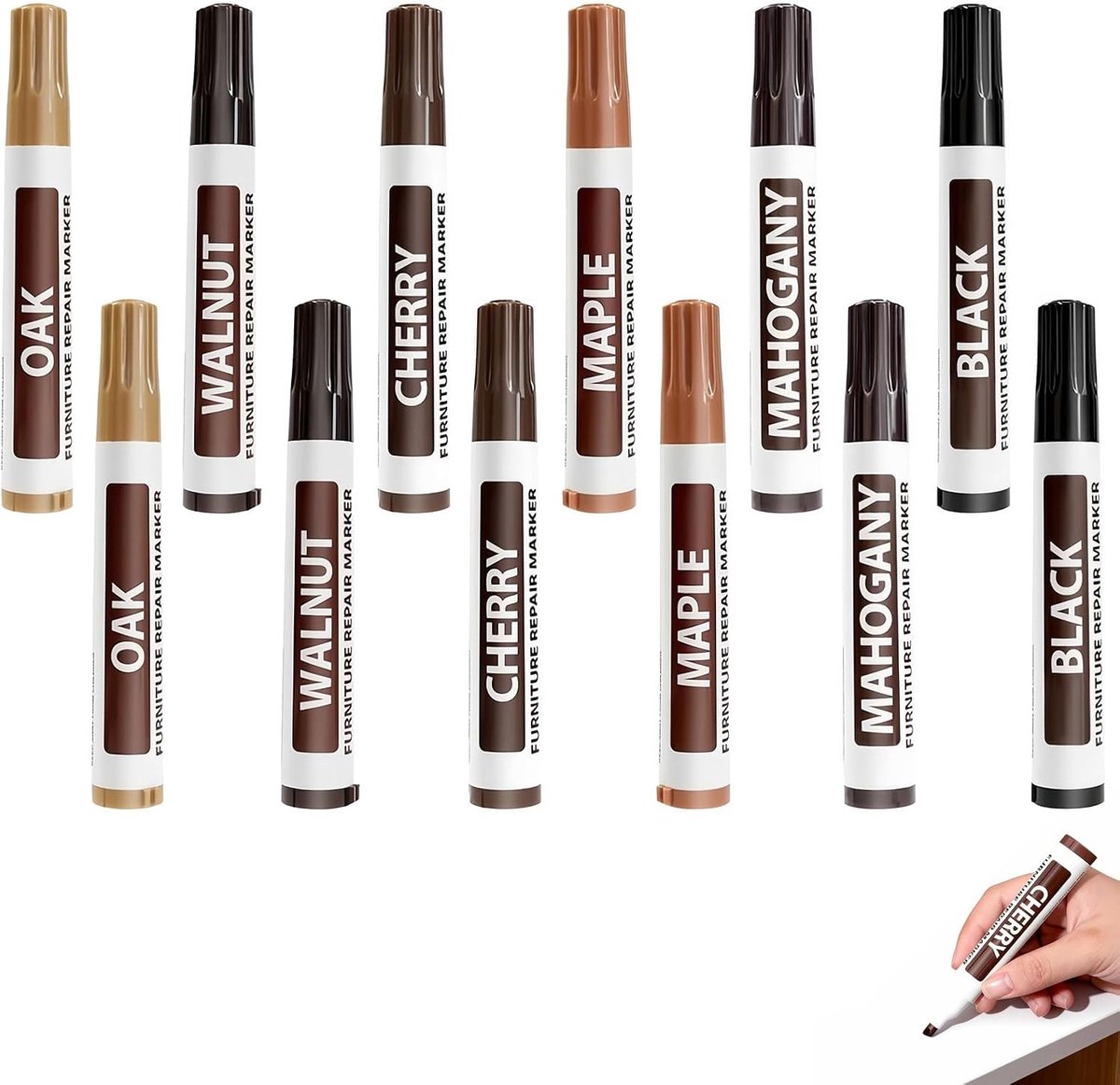 12-delige meubelreparatieset Houtmarker, retoucheerstift voor hout, meubelreparatiestift, laminaatvloerreparatieset, voor krassen en beschadigingen aan hout, geschikt voor alle houtsoorten