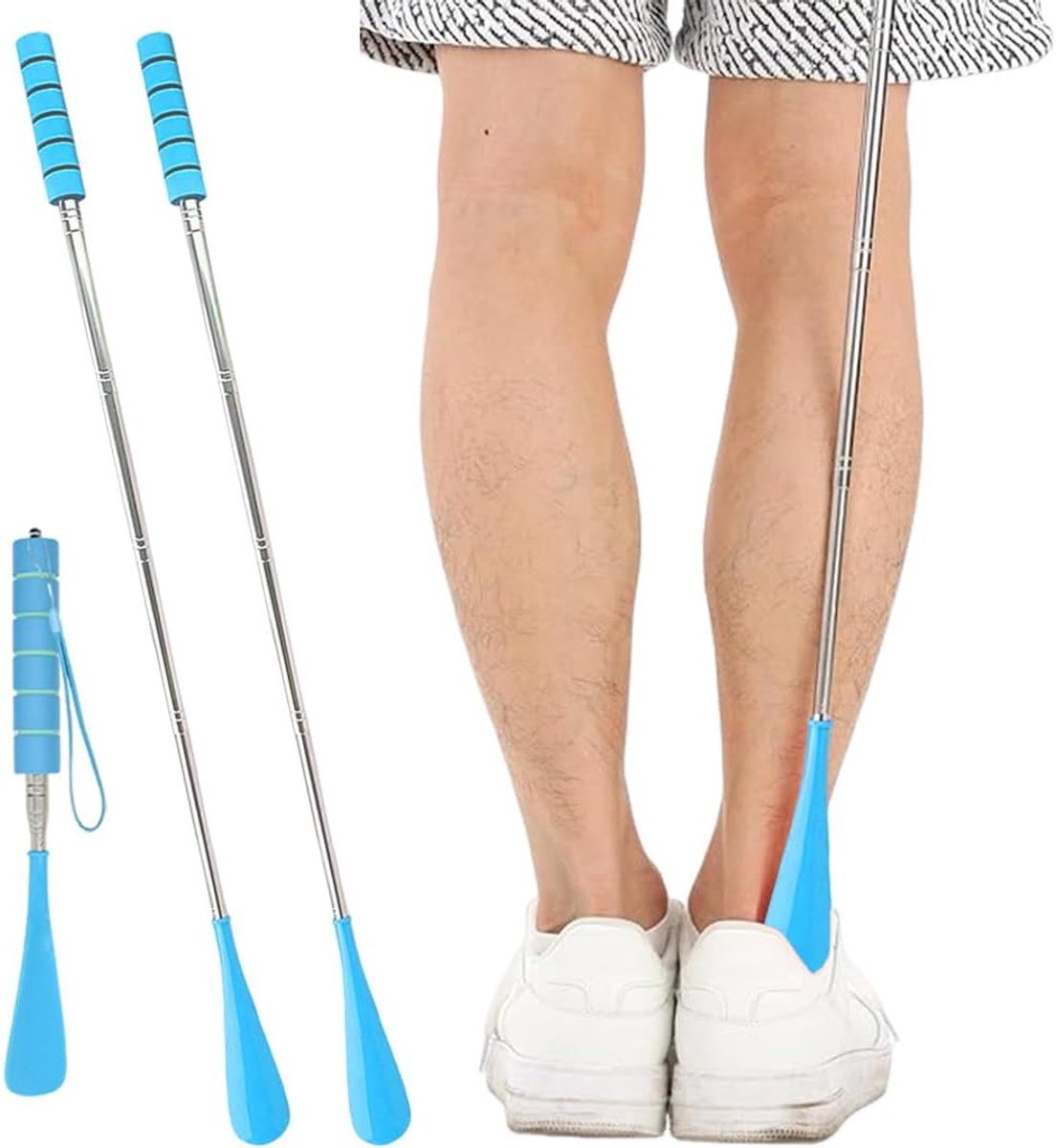 Schoenlepel, lang, uittrekbaar, 30-70 cm, roestvrij staal, verstelbaar, 2 stuks, blauw, voor mannen, vrouwen en ouderen