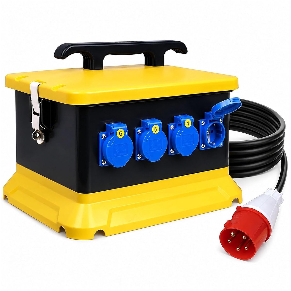 Behuizing voor buiten, industrieel stopcontact, waterdicht IP65, met 3 m kabel voor wandmontage, met 4 Schuko-stopcontacten 230 V en 2 CEE-stopcontacten met 5 pinnen, 16 A/32 A, voor