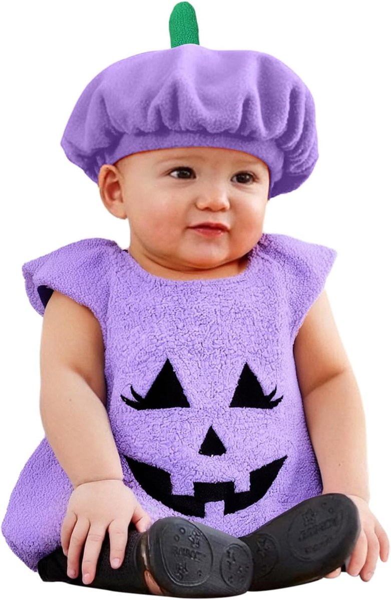 2-delige babyset voor meisjes en jongens, Halloween-outfit, pompoen, cosplay, zacht fleecevest, hoed
