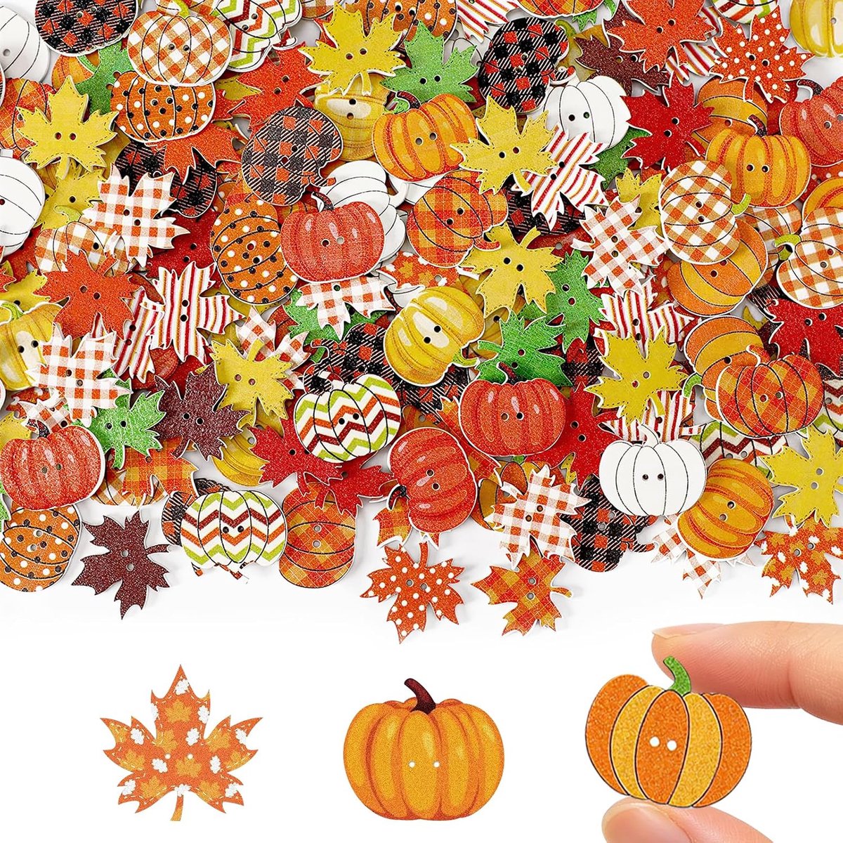 Knopen, 100 stuks knopen om op te naaien, houten knopen, Halloween, kinderknopen, naaiknopen, herfstdecoratie, pompoen en esdoornbladvormen, voor Thanksgiving, herfst, Halloween