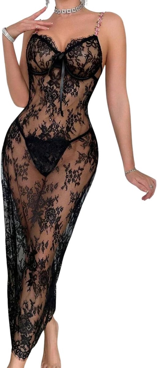 Nachthemd voor dames, kant, lingerie met verstelbare bandjes, babydoll, nachtkleding, transparant, nachtjurk, mouwloos, hot onderjurk voor Valentijnsdag