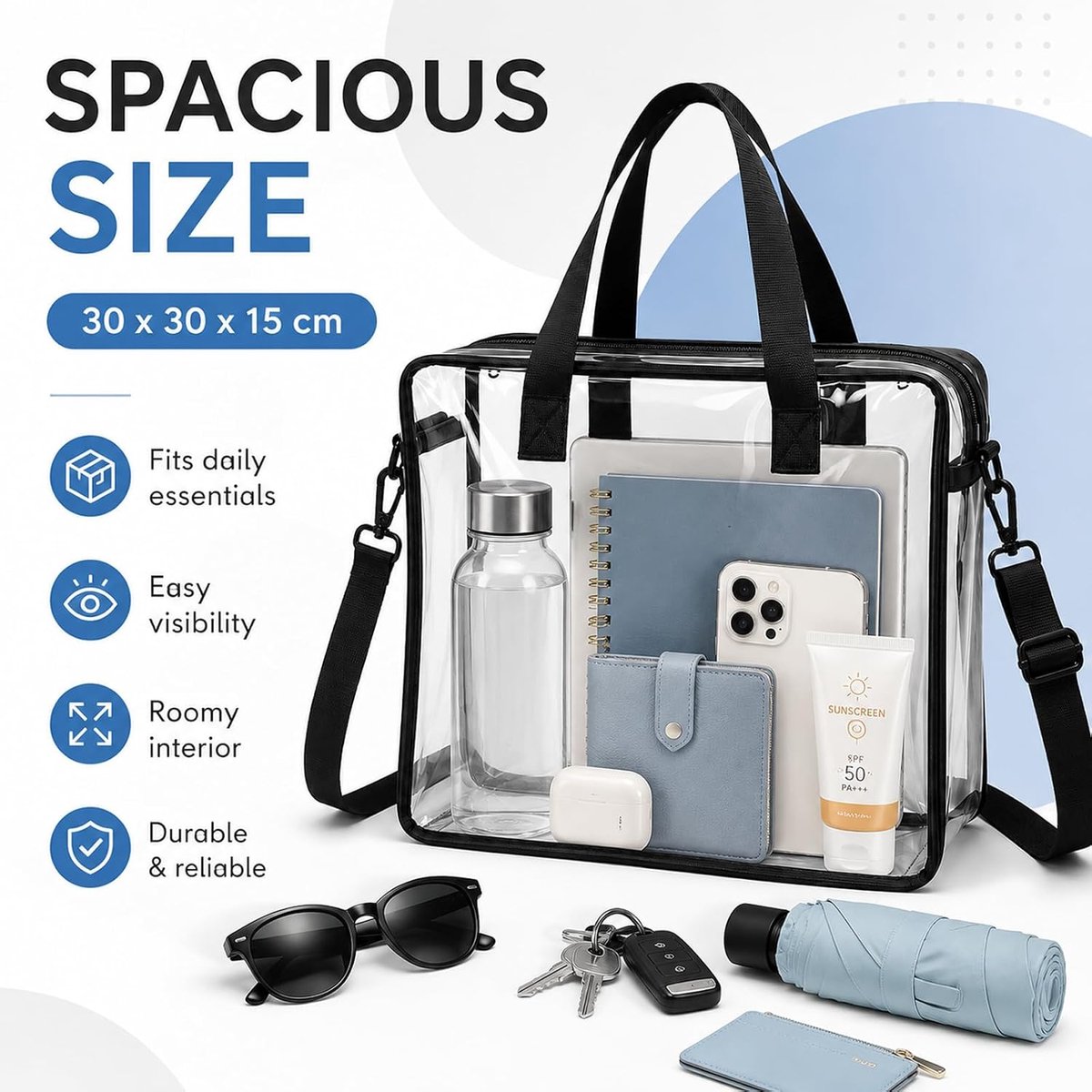 Tas, 30 x 30 x 15 cm, transparante crossbody schoudertas, transparante tas, draagtas voor dames en heren, stadion, werk, concert, reizen