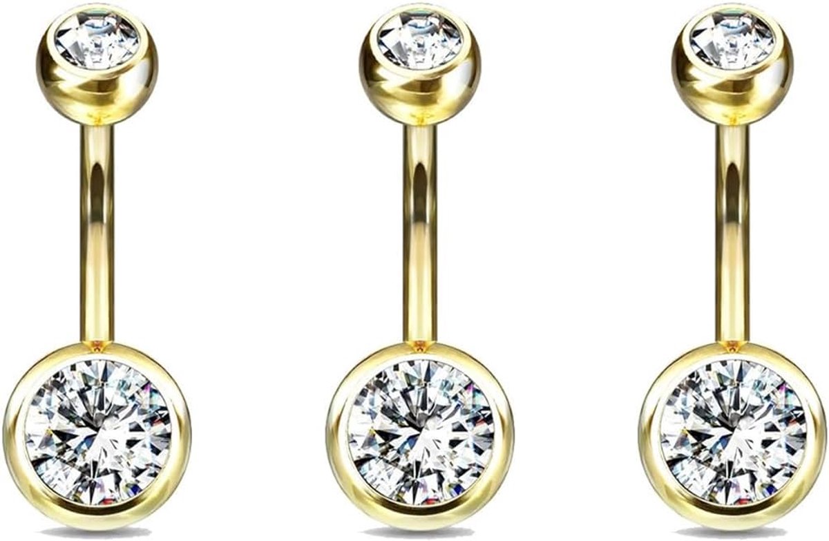 3 stuks navelpiercing, verguld met dubbele zirkonia, chirurgisch staal 316L, 1,6 mm, 10 mm, punk-stijl, cadeau voor verjaardag of voor feestjes vanaf de leeftijd