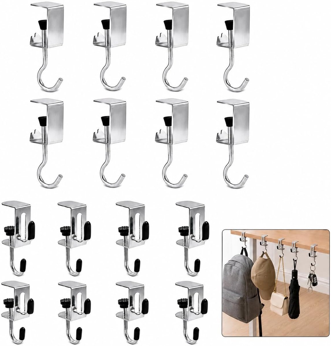 16 stuks tafelhaken om vast te klemmen, 8 afzonderlijke haken en 8 dubbele haken, verstelbare handtashaken, tashouder voor tafel, bureauhaken voor handtas, rugzak, hoofdtelefoon, kantoor, restaurant