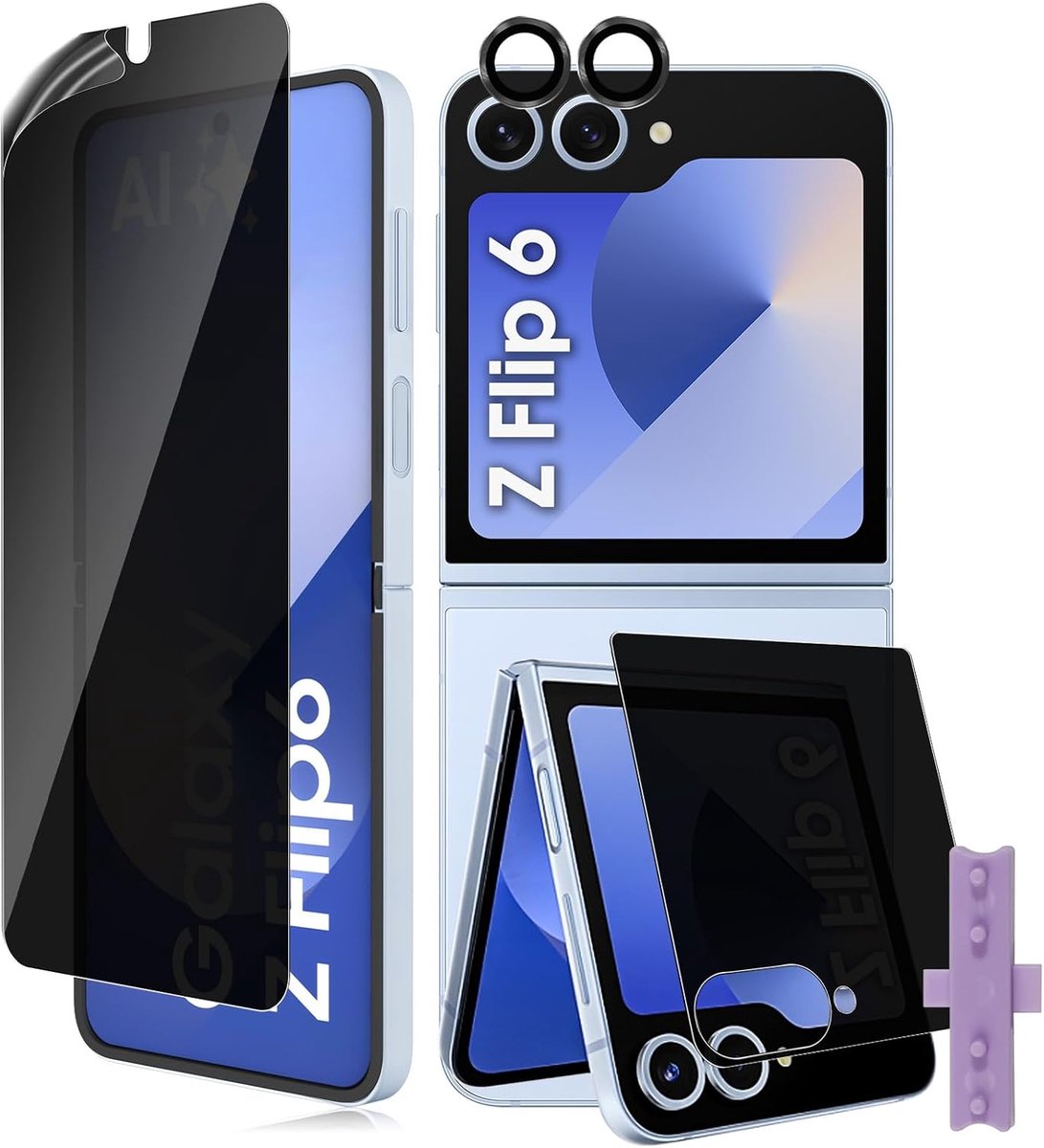 Pantserglas inkijkbescherming voor Samsung Galaxy Z Flip 6/Z Flip6, 1+1+1 stuks TPU inkijkbescherming + externe privacy beschermfolie + camerabeschermingsfolie, anti-kras HD volledige