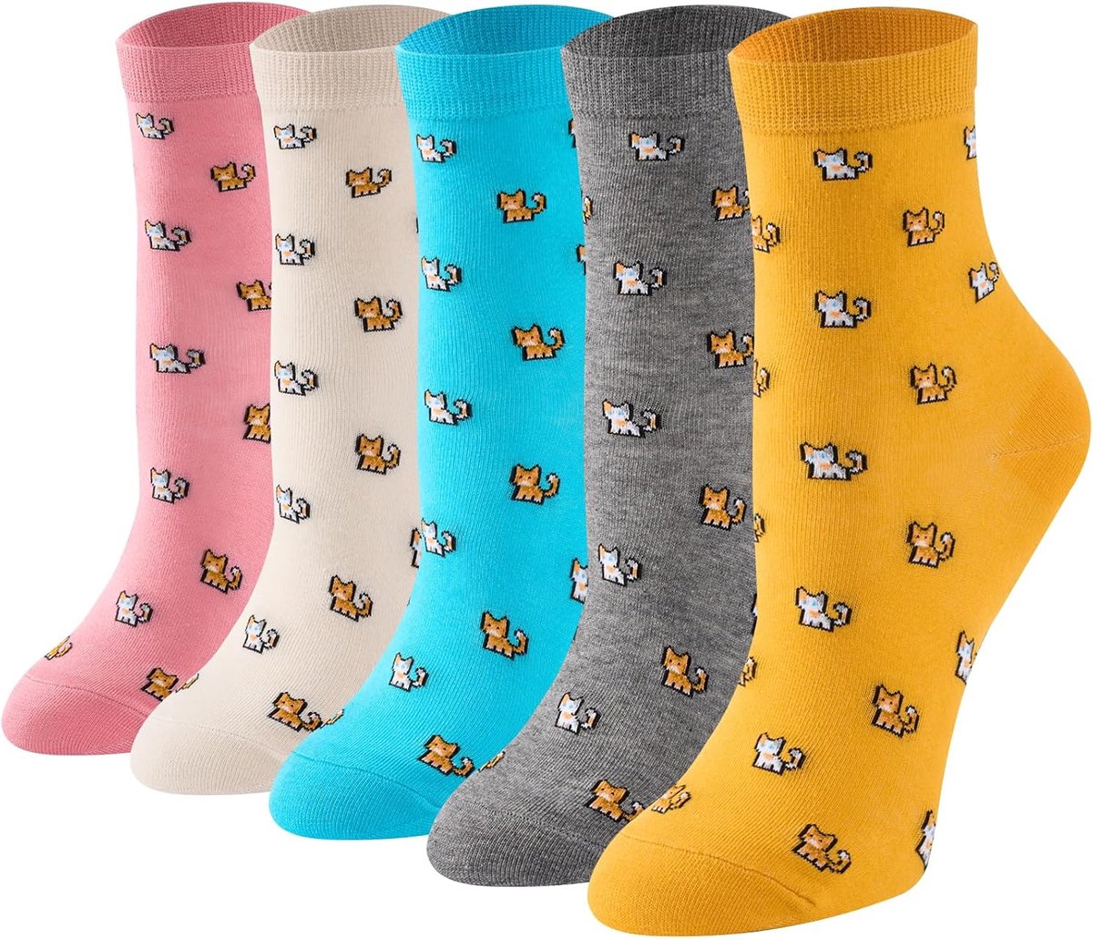 Sokken voor dames, kleurrijke kattensokken, 5 paar, maat
