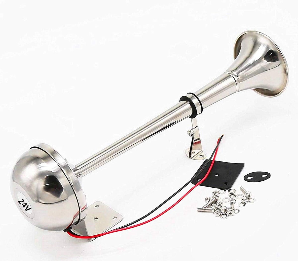 Autohupe, roestvrij staal 304, 165 dB, marine enkele trompet, metaal, luidspreker, luchthoorn voor 24 V vrachtwagens, bestelwagens, boten, auto's, zilver