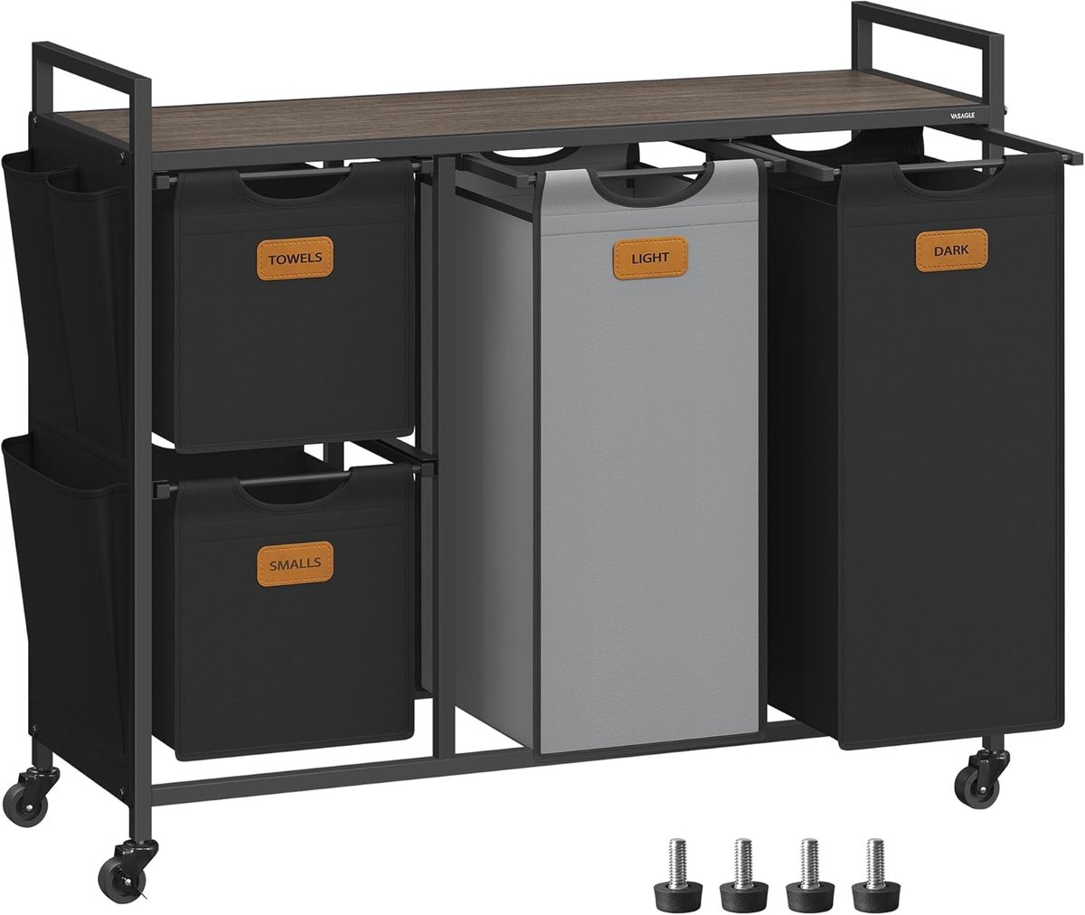 Wasmand 98,6 x 33 x 80,5 cm, Vuile Wasmand met 4 Compartimenten, 150 Liter, Waswagen met 2 Kleine en 2 Grote Wasmanden, 6 Waslabels, Afneembare Voeringen, 4 Wielen, 2 Remmen, 3 Legplanken, Verstelbare Poten, Metalen Frame, Zwart, voor Slaapkamer