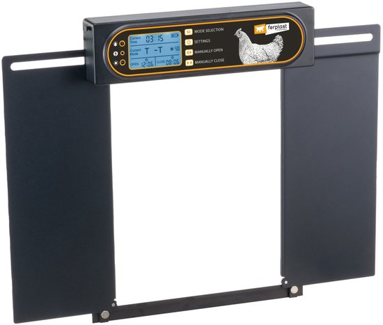 Zwarte automatische kippenhokdeur met display waarop 'MODE SELECTION', 'SETTINGS', 'MANUALLY OPEN' en 'MANUALLY CLOSE' staat.