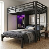Stapelbed Met Kledingkast – 120 x 200 cm – Metalen Frame – Zwart – Ledverlichting – Rechte Ladder