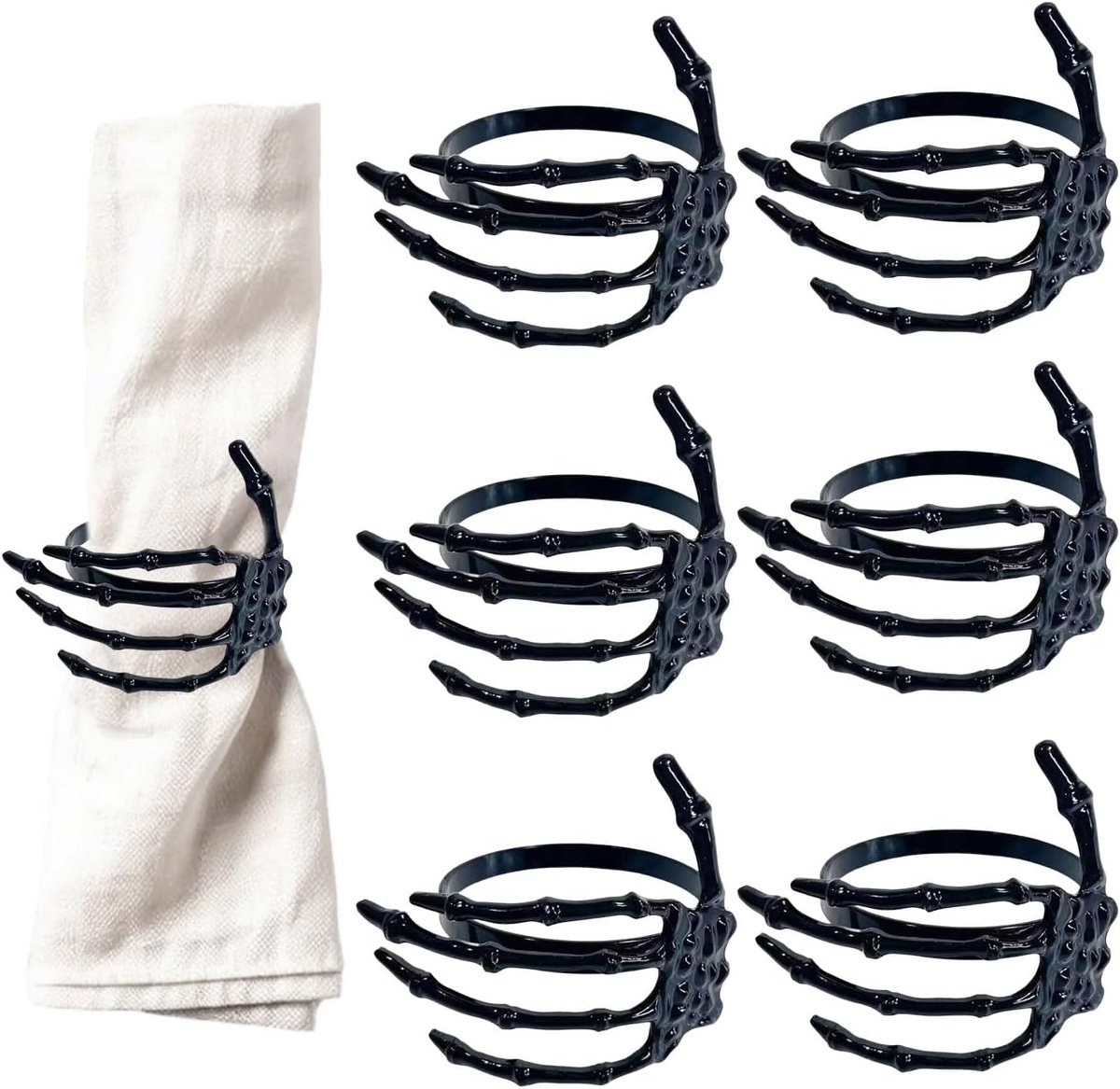 6 Pcs zwarte servetringen in skelet‑handvorm van metaal - Spookachtige Halloween tafeldecoratie voor thuis - restaurant en hotel