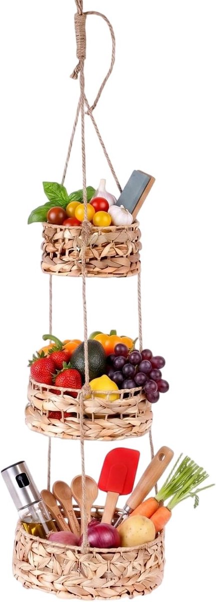 Fruitmand om op te hangen, 3 verdiepingen opbergmanden, hangmand, fruitmand, hangend, fruitrek, wandorganizer, hangende hangende opslag voor keuken, badkamer, woonkamer, slaapkamer voor opslag