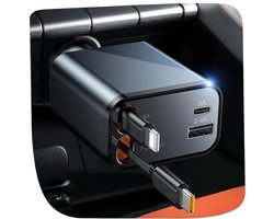 75W Auto Oplader - USB-C Snellader met Uittrekbare Kabel - Geschikt voor iPhone 15/16/17/18 Pro/Pro Max - Autolader voor Auto & Vrachtwagen