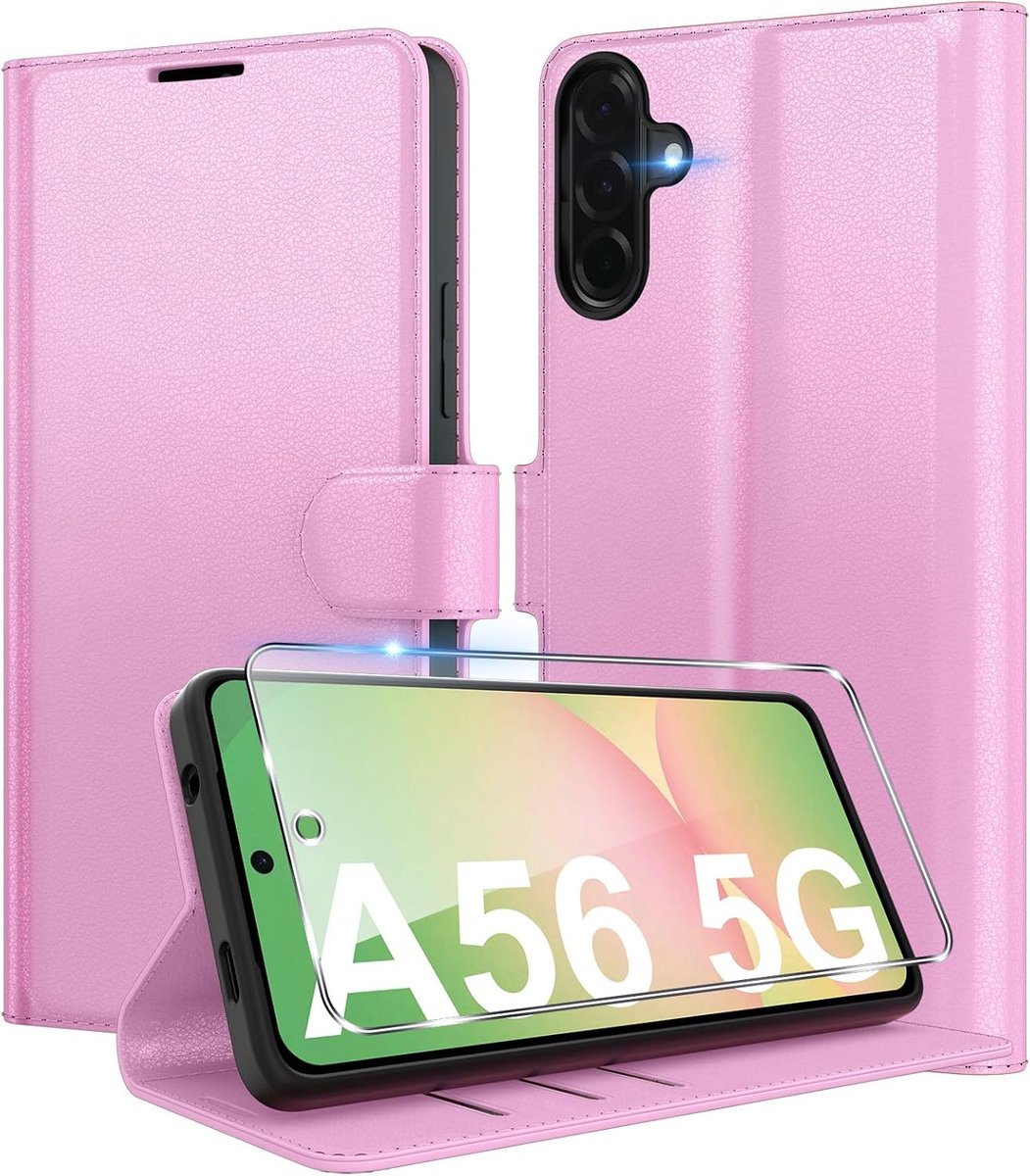 Telefoonhoesje voor Samsung Galaxy A56 5G, premium PU-lederen portemonnee, kaartenvak, standfunctie, beschermhoes, stootvaste klaphoes, flip case met 1 stuk pantserbescherming, glas, roze