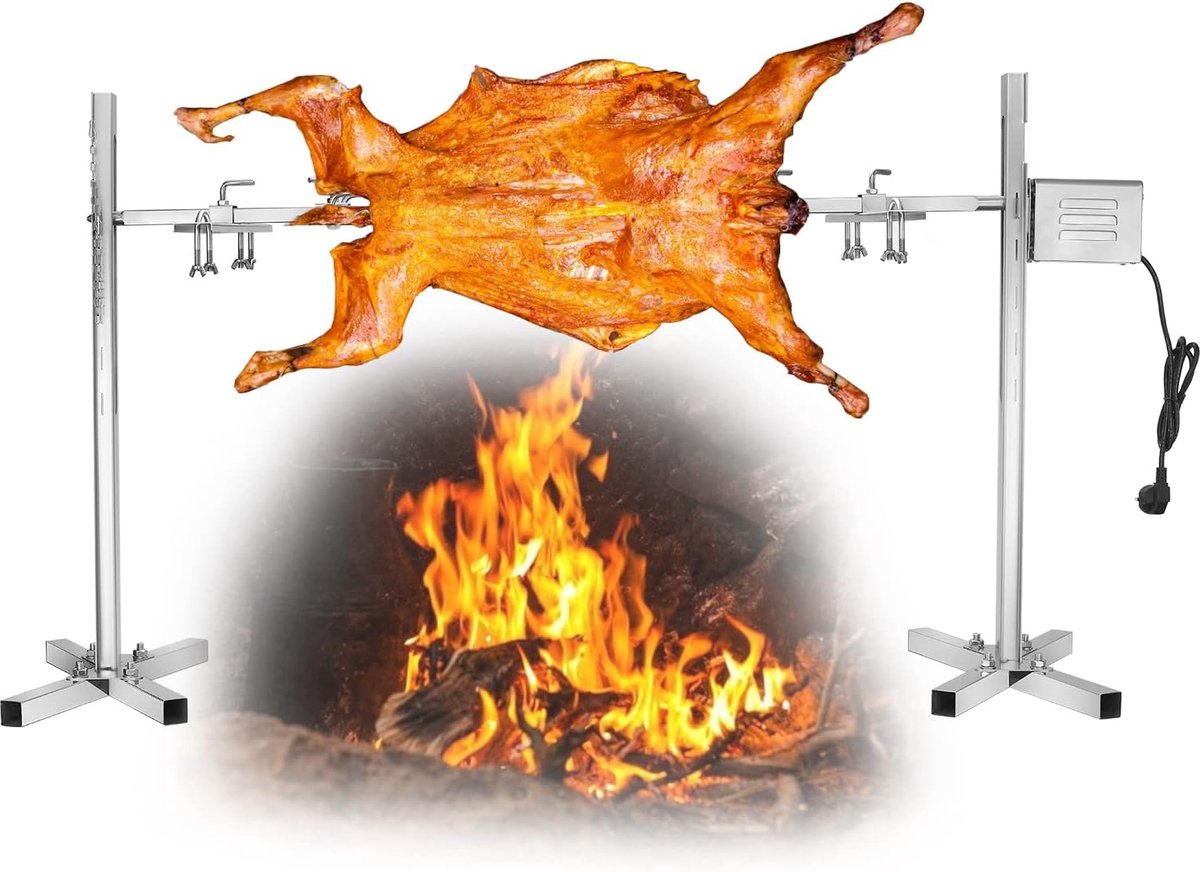 Elektrische grill- en braadrooster, 15 W, roestvrijstalen braadset voor maximaal 70 kg, in hoogte verstelbaar, speenvarkgrill, draagbare motor, outdoor grillen, camping