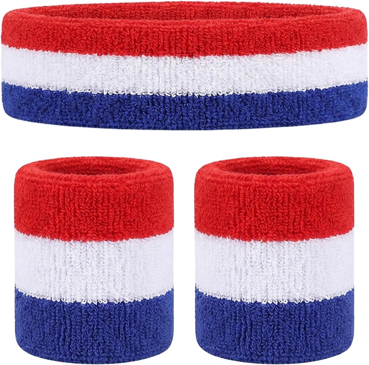Set van 3 polsbandages en haarband, blauw, wit, rood, voor tennis en padel, absorberend en elastisch, voor sportschool, crossfit, voetbal en fans