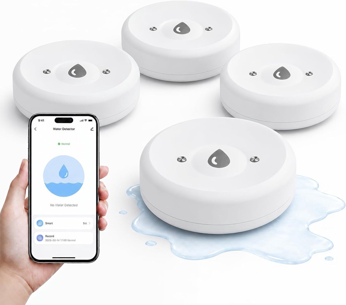 Set van 4 wifi-watermelders, Smart Home watersensor met app-melding, IP66 waterdicht, ABS + PC vuurvast, lekdetectie, waterwaarschuwing voor keuken, badkamer en kelder