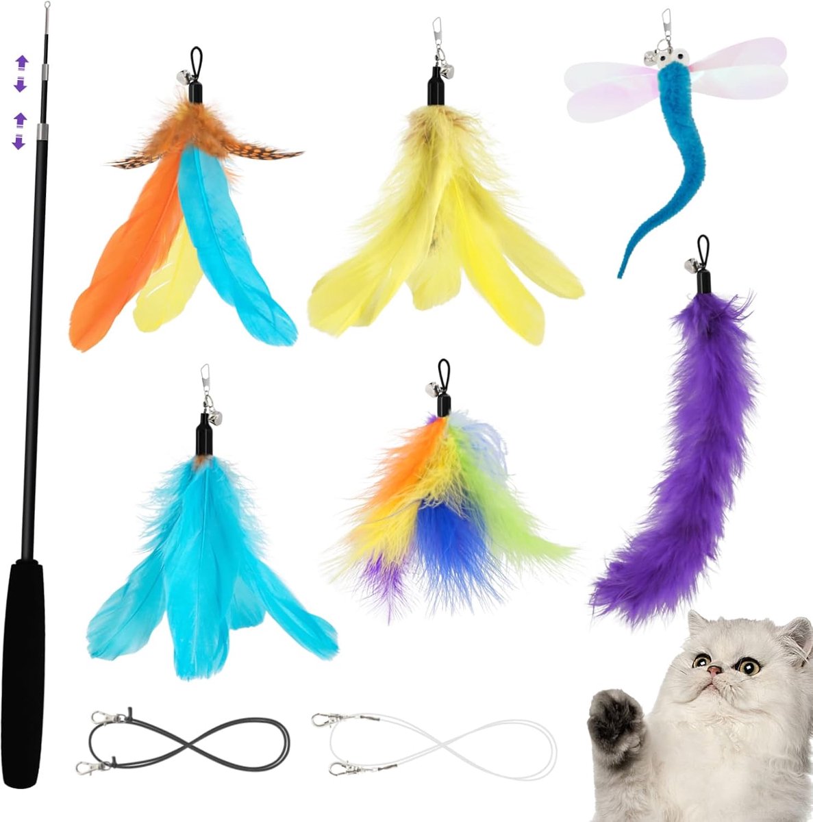 Interactief kattenspeelgoed hengel met veer - intrekbare kattenhengel - kleurrijk met 6 reserveveren - ShopVlot