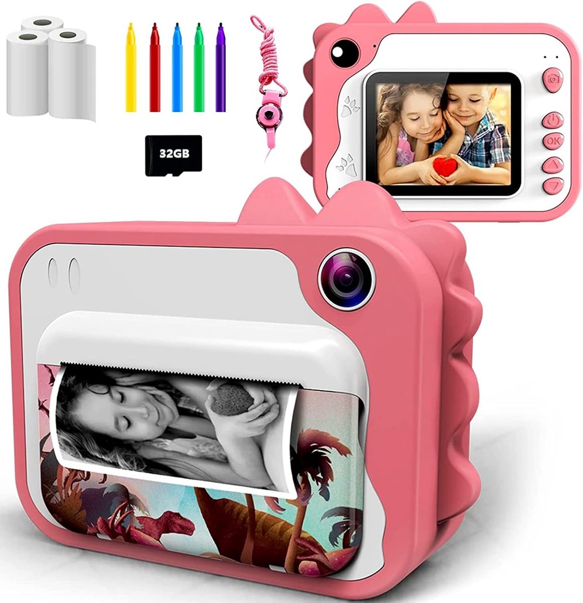 Digitale camera, voor kinderen, 1080p, 2,4 inch scherm, videocamera, zwart-wit, 32 GB geheugenkaart, 3 rollen printpapier, 5 kleurstiften