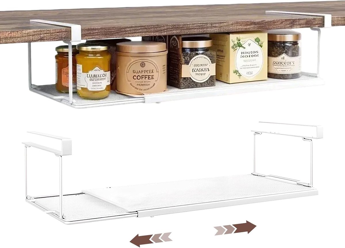 Metalen hangmand, onderplank opbergmand, plank-inhaakmandje zonder boren voor keuken, kast, kantoor & voorraadkast (wit, standaard)