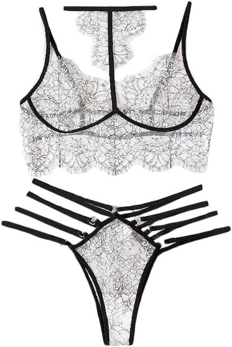 Lingeriesets dames Vrouwen Sexy Lingerie Set Vrouwen Sexy Borduurwerk Erotische Lingerie Set Bh Halter Hollow Thong Set-Transparente_XL