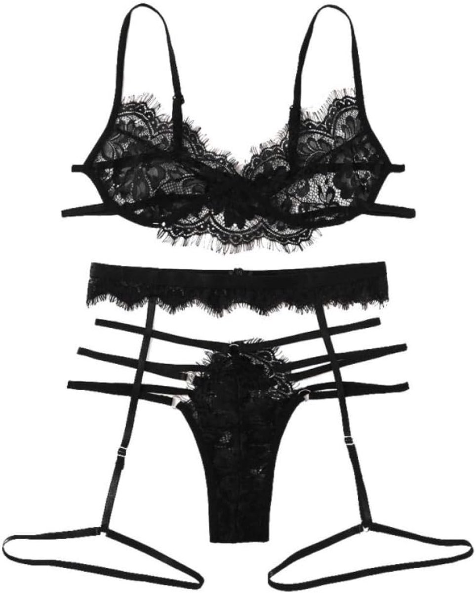 Sexy 3 ST Vrouwen Lace Lingerie Verleiding Bandage Beha Panty Kousenband Erotische Ondergoed Porno Lingerie Vrouwelijke Set