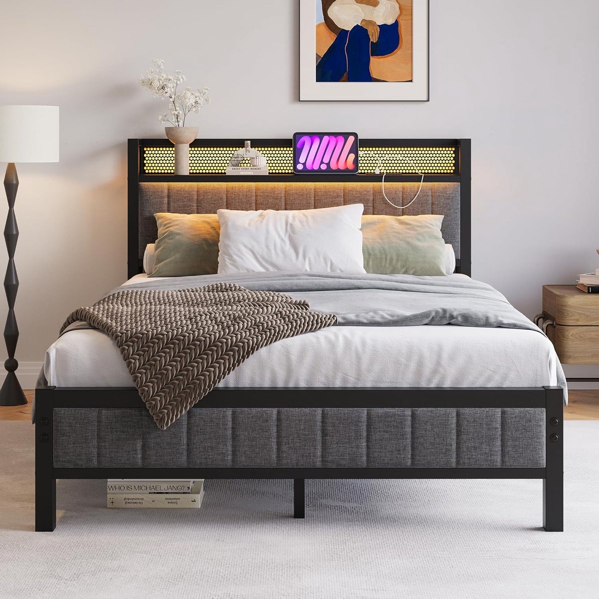 Bedframe met LED, oplaadstation, tweepersoons/eenpersoons logeerbed, metalen beddenframe, 120x200, voor slaapkamer, logeerkamer, met lattenbodem en hoofdeinde in grijs, voor tienerkamer