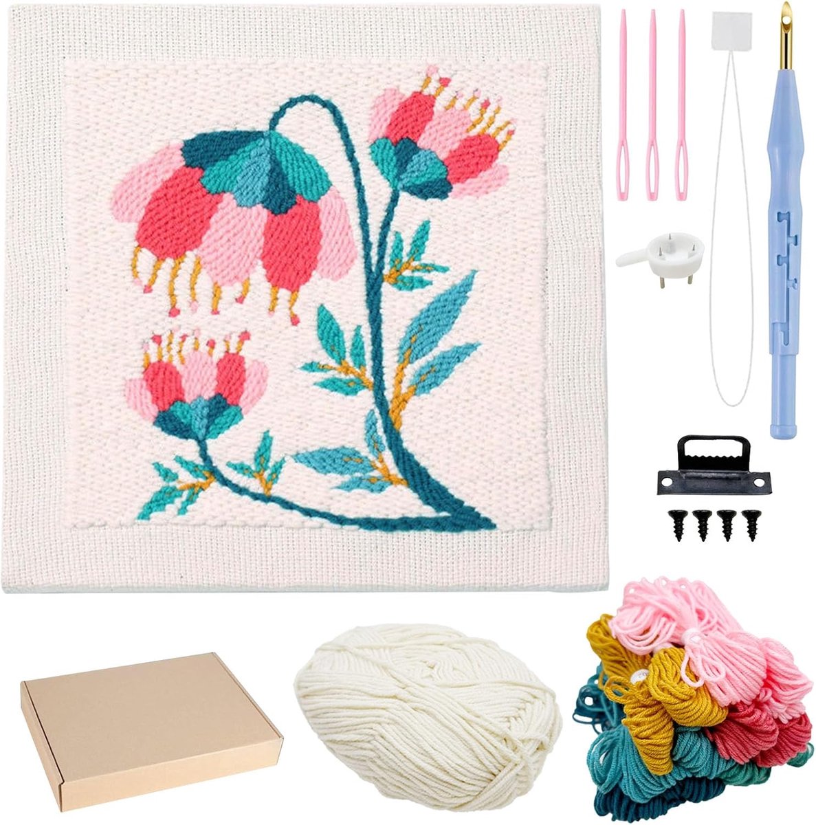 Punch Needle Kit Frame, Punch Needle Borduurset, Vierkante Stof met Bloempatroon, Hoepel, Garens (Beige en Roze)