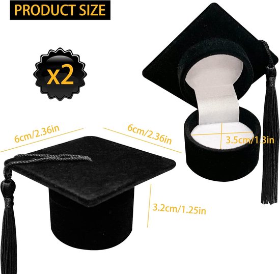 2-delige doktersmuts juwelendoos, afstudeercadeau doos afstudeerfeest cadeau doktershoed uniek ring doos voor afstuderen, afstudeerfeest, bruiloft, verjaardag, feestdag (Zwart, 6x6x3,7 cm) — afbeelding 2