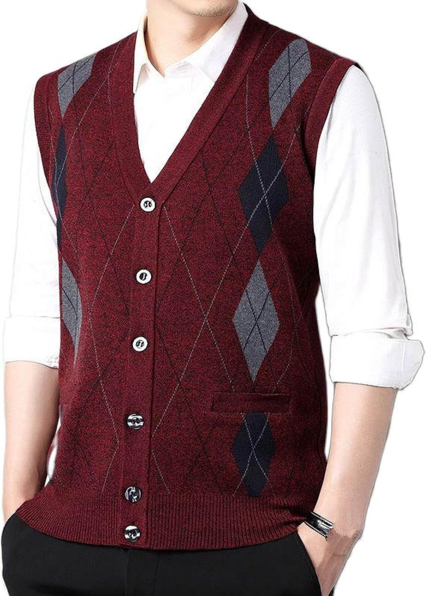 Gilet Argyle Gebreid Vest Met V-Hals, Klassiek Mouwloos Casual Jacquard Herenvest Met Pullover Dieptepunt, Zakelijk Heren Breigoed Gebreid Vest Trui Tanktops,Rood,S