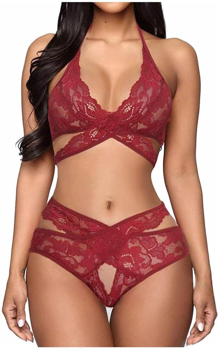 Vrouwen Ondergoed Set Transparant Kant Sexy Lingerie Beha Thong Kostuums Hollow Out Set-red_M