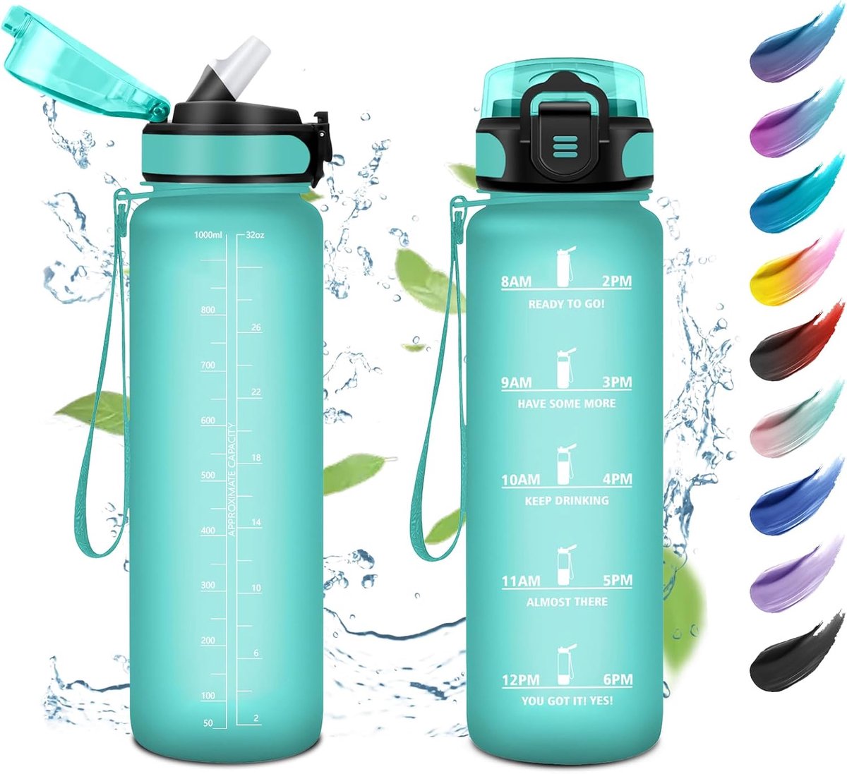 1 liter, motiverende waterfles met rietje, lekvrije waterfles, gemakkelijk te openen, sportwaterfles met tijdweergave, drinkfles voor volwassenen, fitness, fietsen
