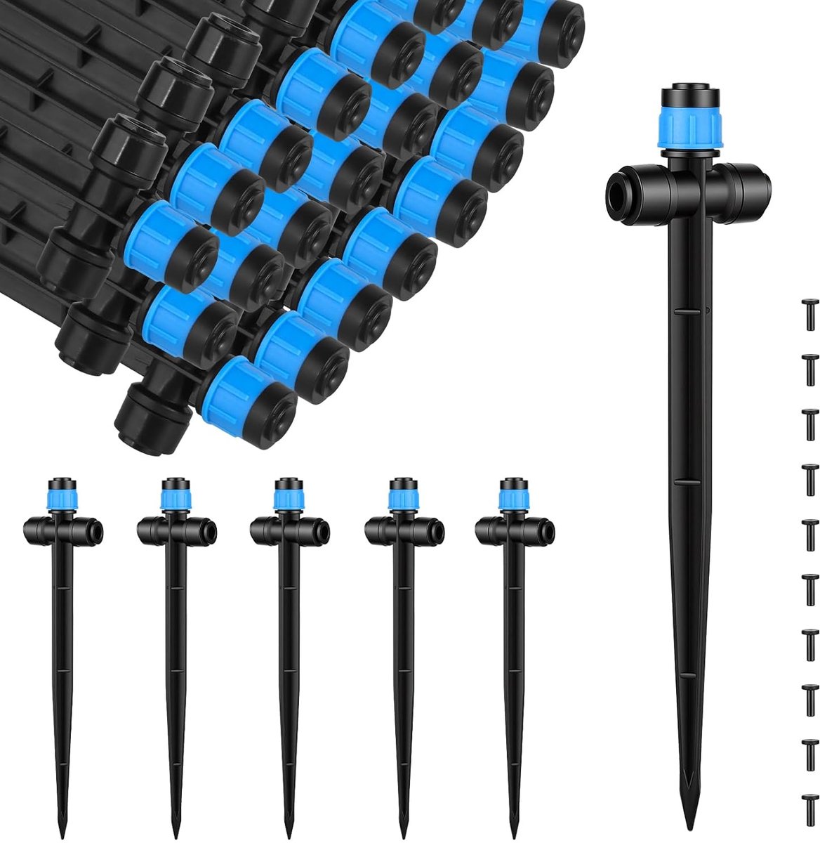 25 stuks 360 graden verstelbare tuinsproeiers met grondpen en Micro Drip slanghouder voor 6,35 mm slang voor broeikas, potplanten, blauw
