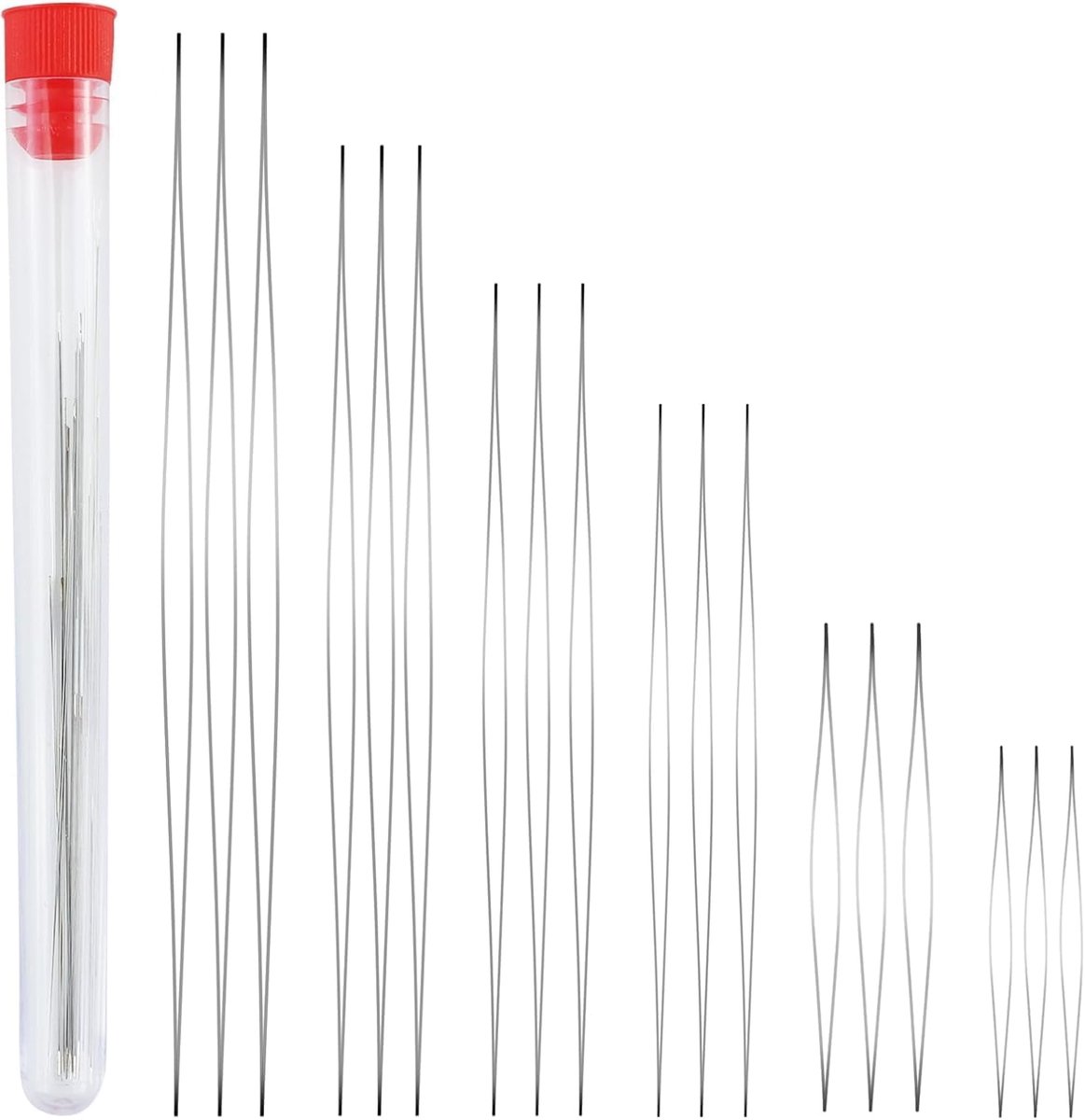 18 stuks roestvrijstalen kralennaalden set, 6 maten parel- en kraalnaalden met groot oog, voor handwerk en sieraden maken