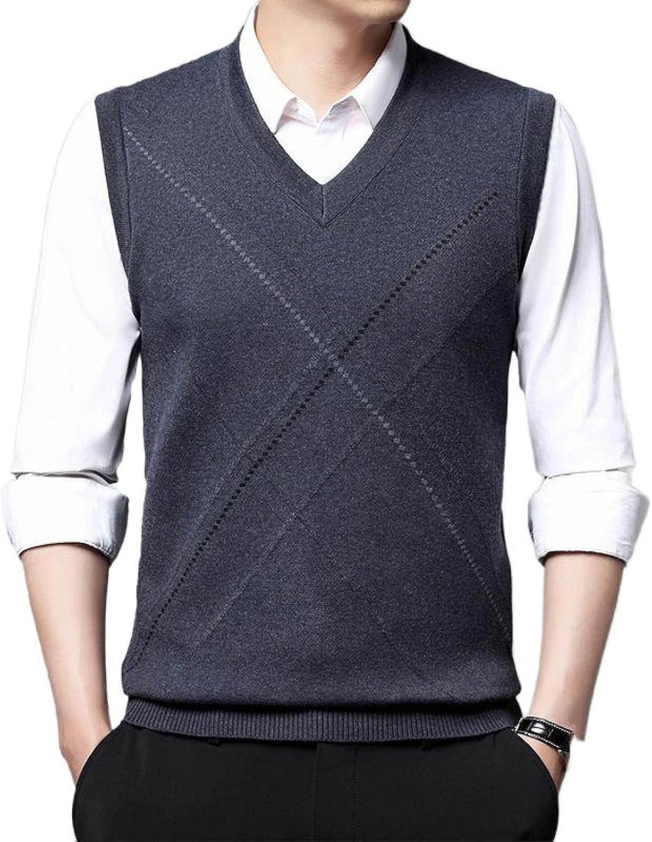 Herenvest Met Geruite Print En V-Hals, Klassiek Mouwloos Vest Kleurcontrast Heren Kasjmier Trui Vest Herenkleding, Zakelijk Heren Breigoed Gebreid Vest Trui Tanktops, Middengrijs, S