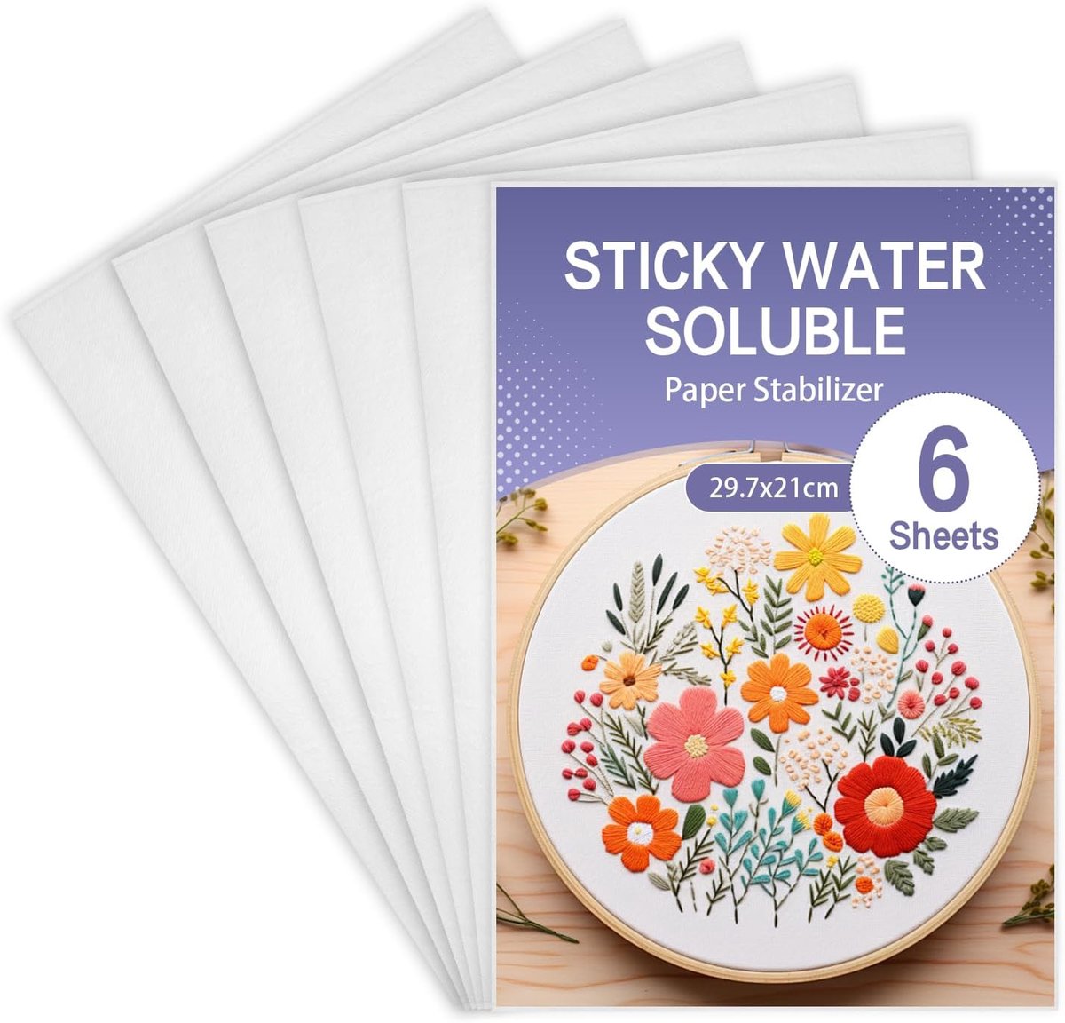 6 STKS Kleverige in water oplosbare borduurstabilisator afdrukbaar, A4 (29,7 x 21 cm) borduurpapier, toegestaan voor afdrukken of tekenpatronen, het beste voor machine- en handborduurwerk