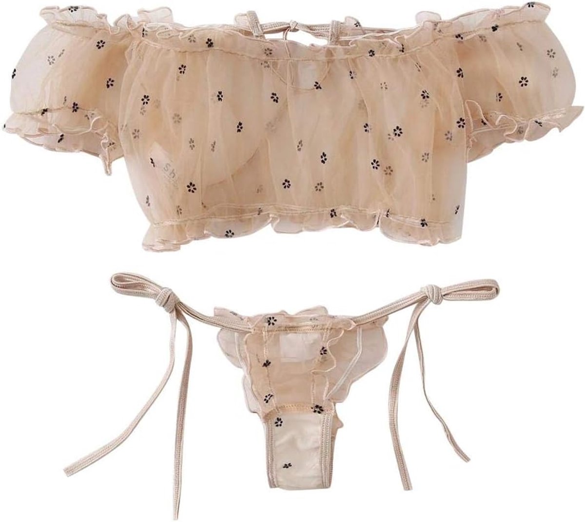 Kleding Sexy vrouw ondergoed g-string beha kleding transparant kant set-Bege_L