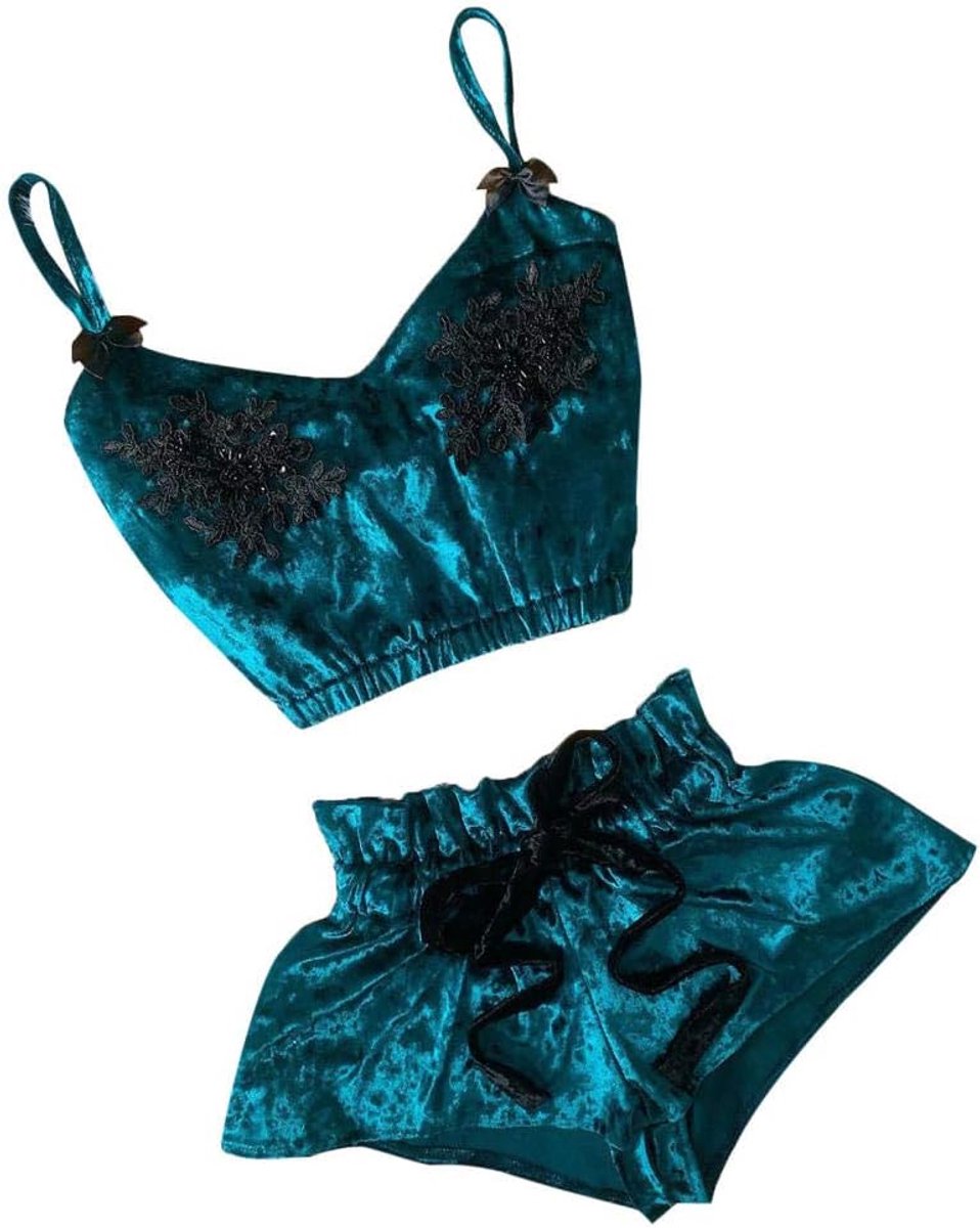 Klassiek Bh set Jarretellegordel en Kous LingerieDames Pyjama Set V-hals Sexy hemdje Geborduurd Slaap Tops Shorts Set Pyjama-Green_XL