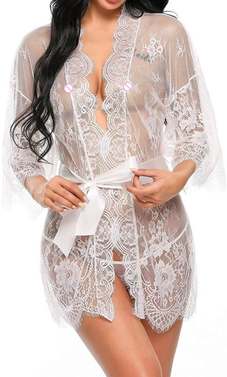 Lingerie voor dames sexy nachthemd lingerie nachtkleding Kant met stringSexy Vrouwen Lingerie Kanten Ruches Gewaad Doorzichtige Ondergoed Nachtkleding Nachtjurk Erotische Sex Kleding-White_S