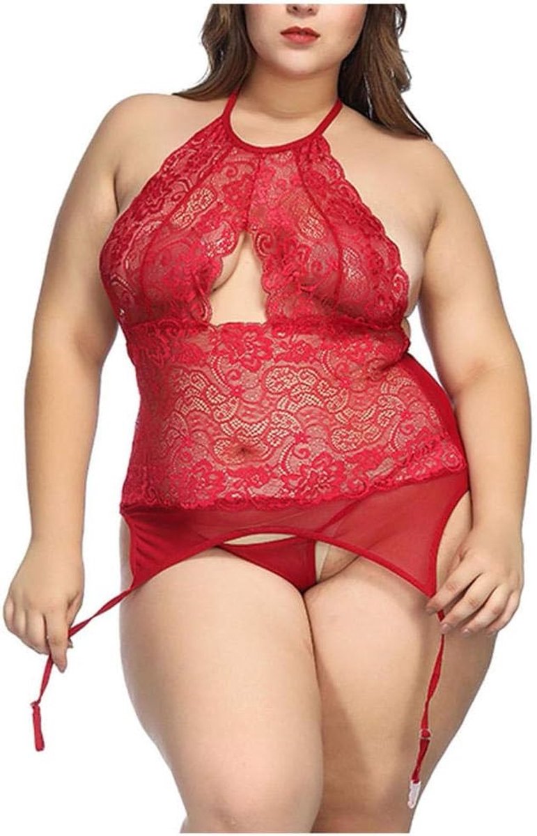 Sets met nachtmode & ochtendjas Plus Size Vrouwen Sexy Lingerie Transparante G-String Verleiding Nachtkleding Porno Erotische Lingerie Kanten Beha Dames Sex-Red_XXL