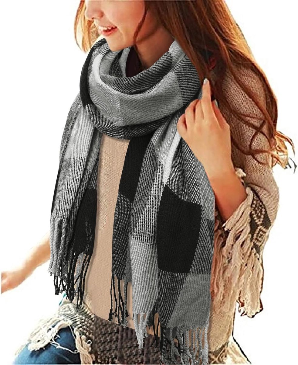 Wintersjaal voor dames, geruit, lange sjaal, warm, grote sjaals, zachte sjaals, kwastjes, elegant, wikkelsjaal, stola, sjaal