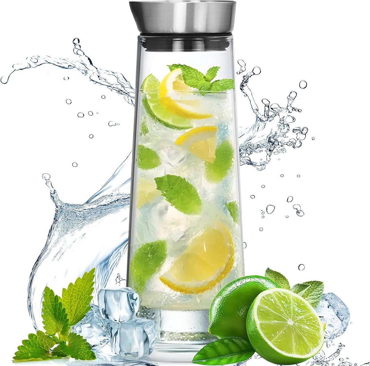 Waterkaraf van 1 liter met roestvrijstalen deksel, vaatwasmachinebestendig, heldere ijsthee-kan hittebestendige borosilicaatkan voor koelkastdeur, glazen fles voor melk, sap, drank, wijn, limonade