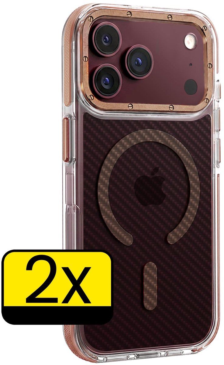 Hoesje - 2 Stuks - Geschikt voor Apple iPhone 18 Pro Max - Magsafe Compatible - Carbon Look - Sterk & Shockproof - Back Cover - Shock Proof Case - Telefoon Hoes - Telefoonhoesjes - Bruin