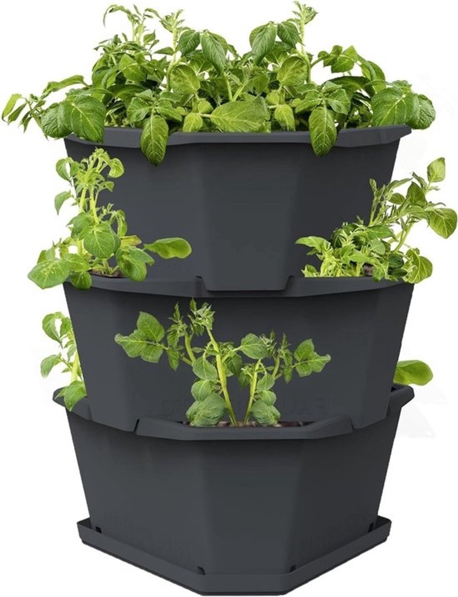 Aardappeltoren - Verhoogde plantenbak - Zelf groenten kweken - Stapelbaar ontwerp - 3 etages - Antracietgrijs
